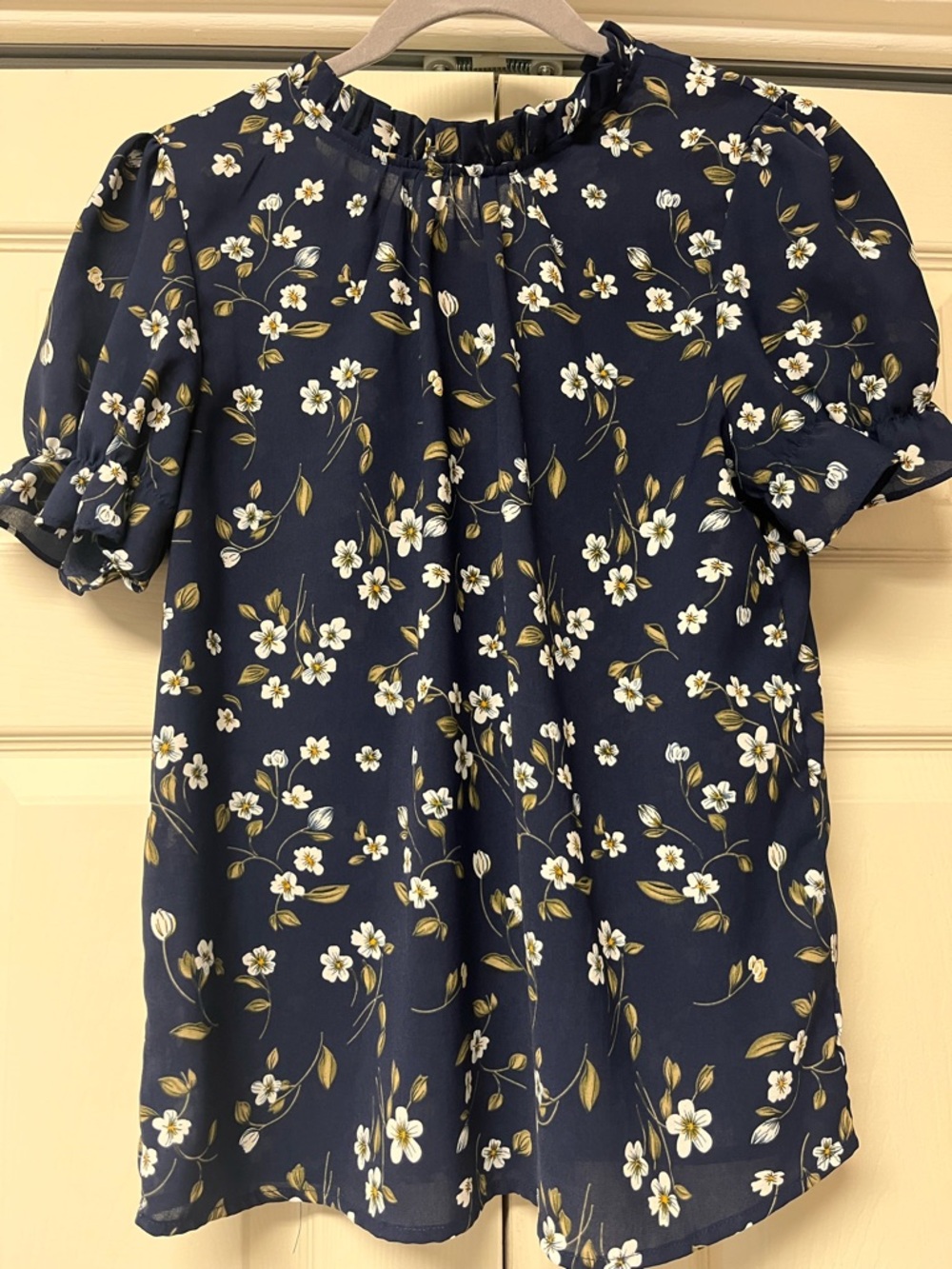 Navy Floral Ruffle Neck Blouse